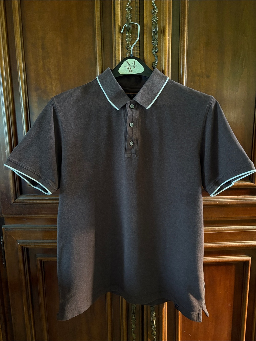 Denver Hayes Men's Chocolate Brown Polo with Contrast white Trim Size M
